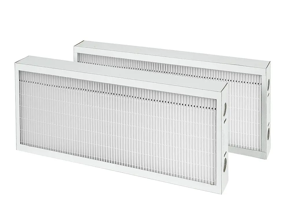 Zwei weiße Luftfilter mit einem gerippten Design in einem Metallrahmen, hergestellt von Fränkische, zur effektiven Luftreinigung in Lüftungssystemen.